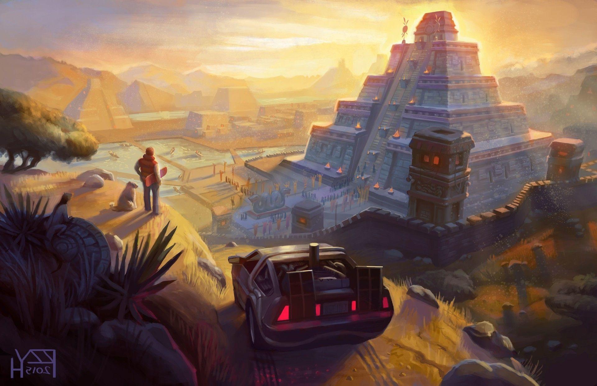 artwork fantasy art back to the future delorean pyramid movies mayan