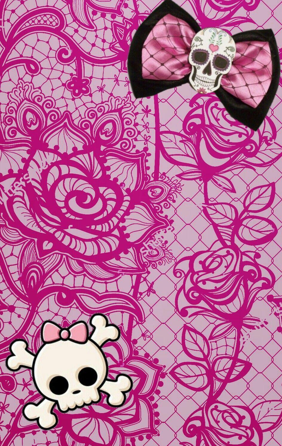 Pink lace skulls. Pink skull wallpaper, Bow wallpaper, Emo wallpaper