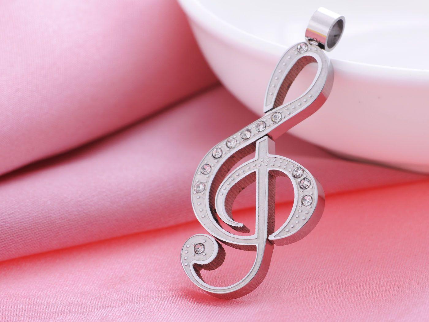Quality Stainless Steel Silver Tone Rhinestone Treble Clef Necklace