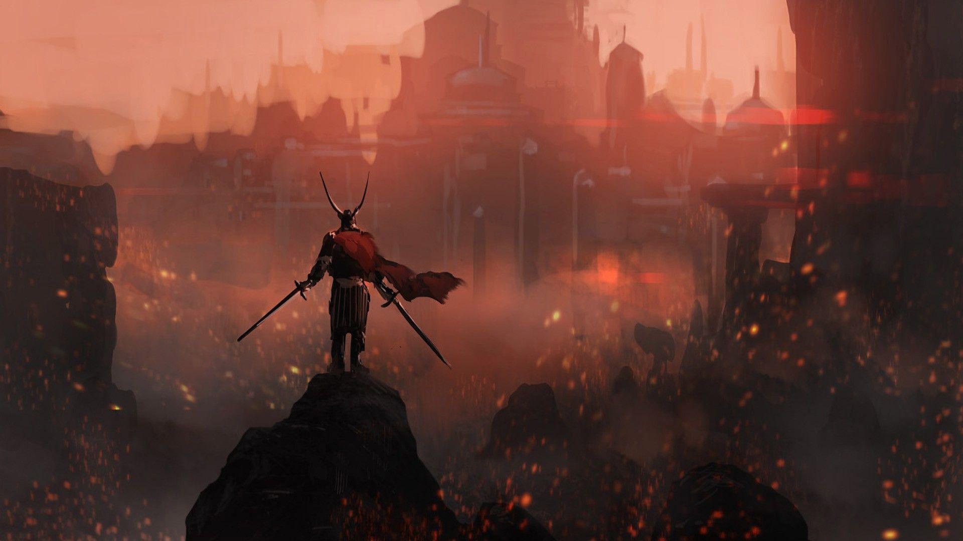 Viking on the background of the burning city wallpaper and image