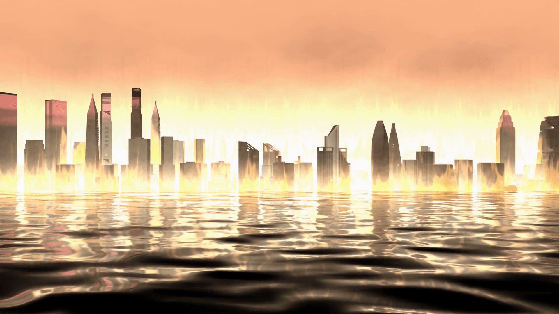 Artist rendering, burning city view background. Motion Background
