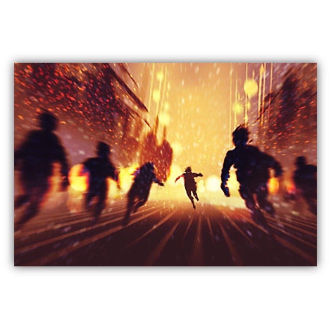 Men Running Away With Burning City in Background, Canvas Print Wall