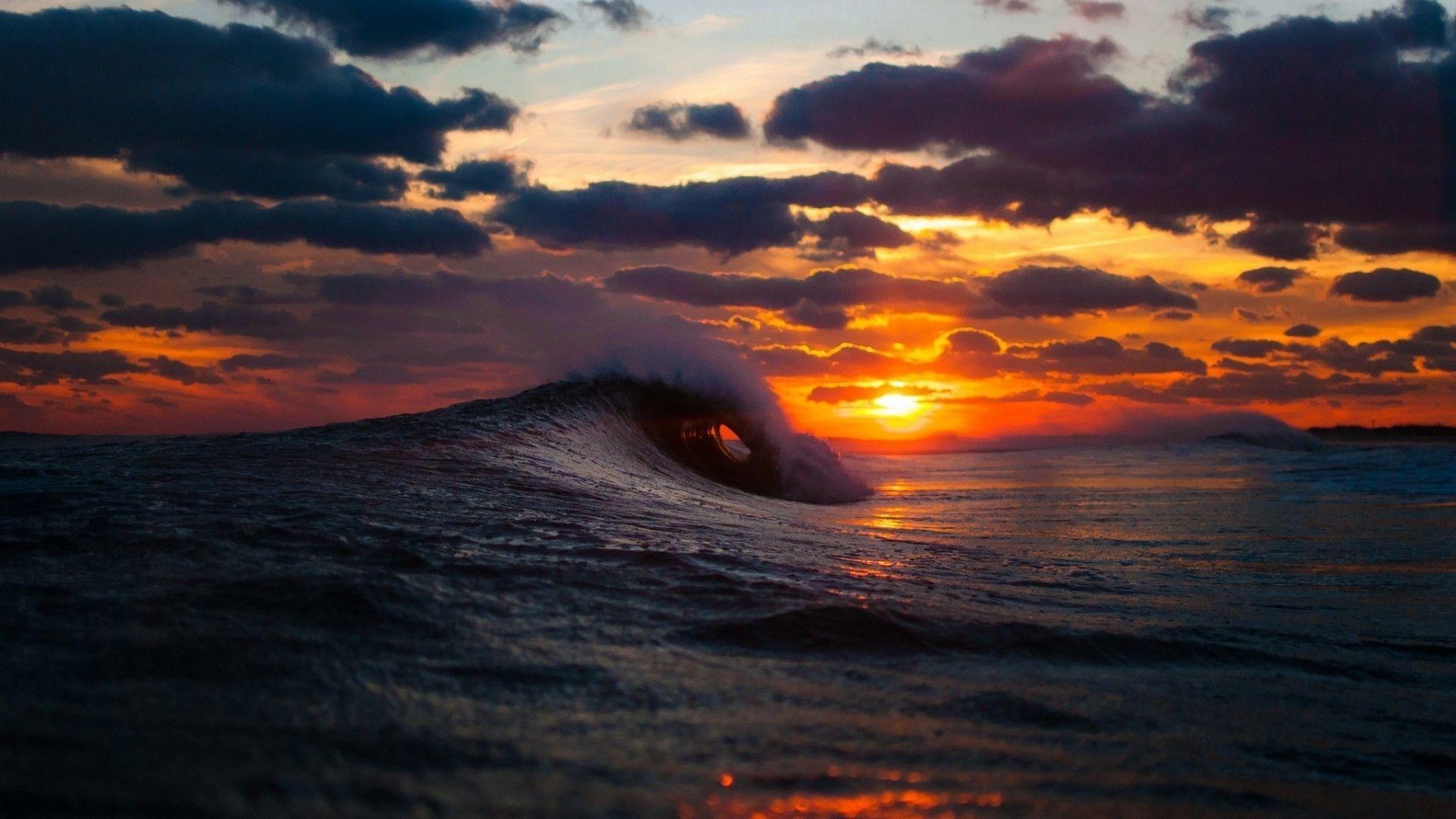 Download Wallpaper 1920x1080 sea, surf, wave, sunset Full HD 1080p