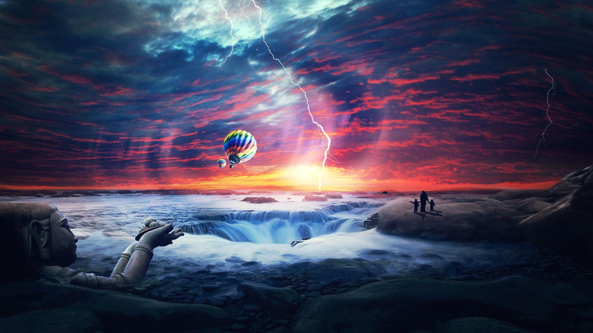 Heaven Sunset Sea Airballons Wallpaper