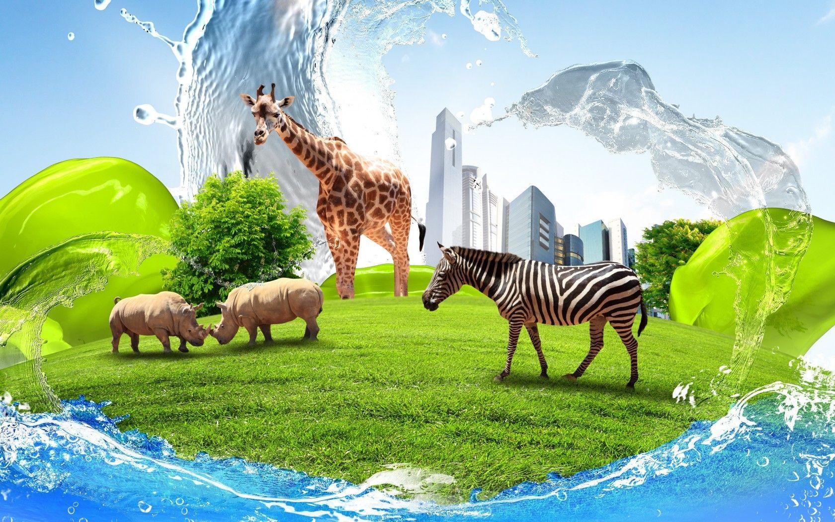 Animals: Buildings Water Creative Giraffe Zebra Grass Rhino Lawn