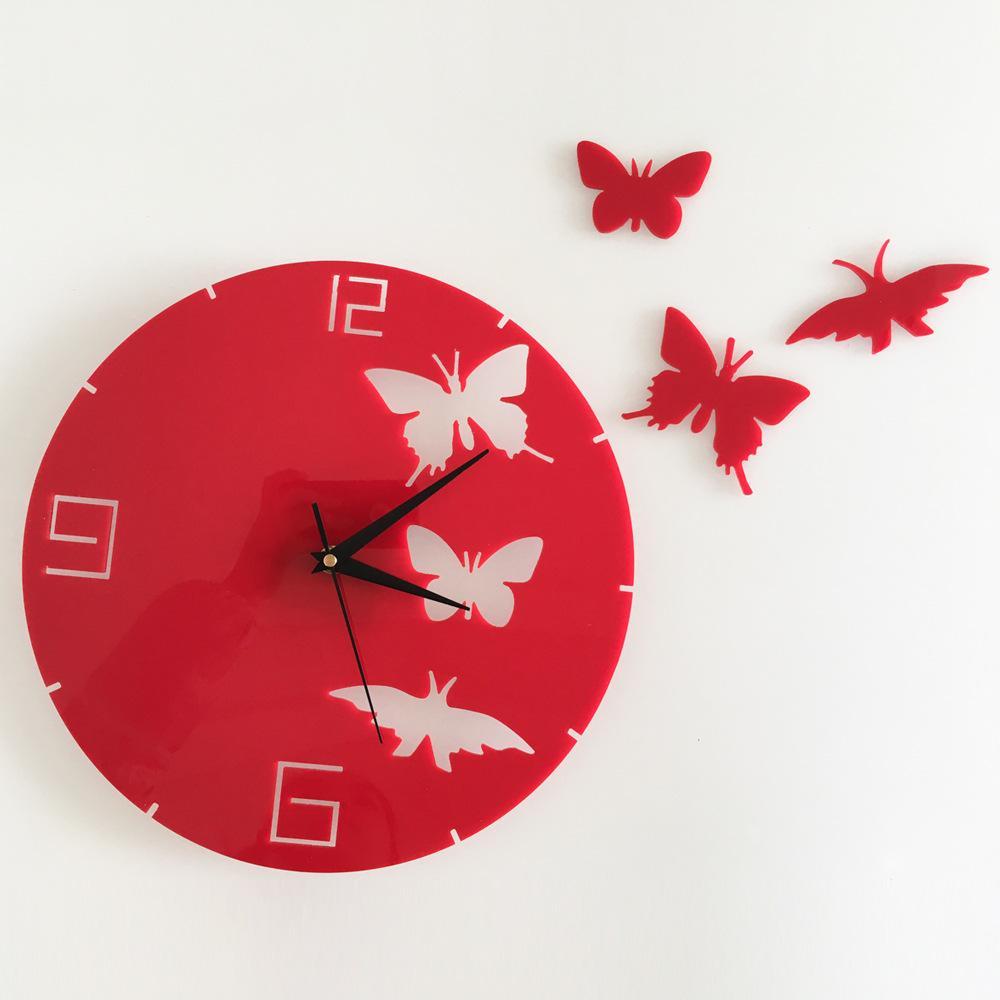 Diy Pink Black Butterflies And 3D Clock Mirror Wall Stickers