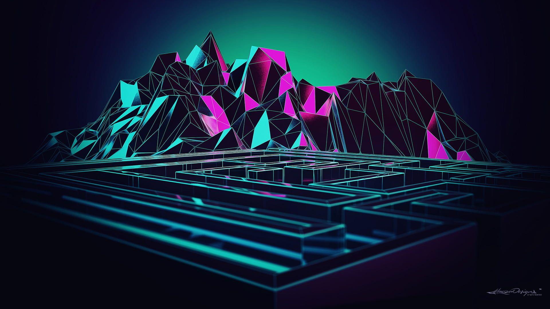 Black, pink, and teal 3D pattern HD wallpaper