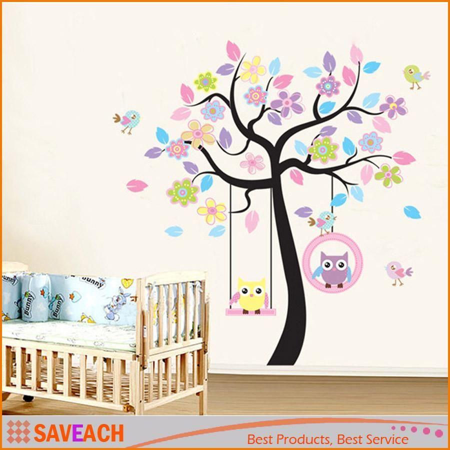 Lovely Cartoon Couple Cute Owl Swing Tree Colorful Removable Wall