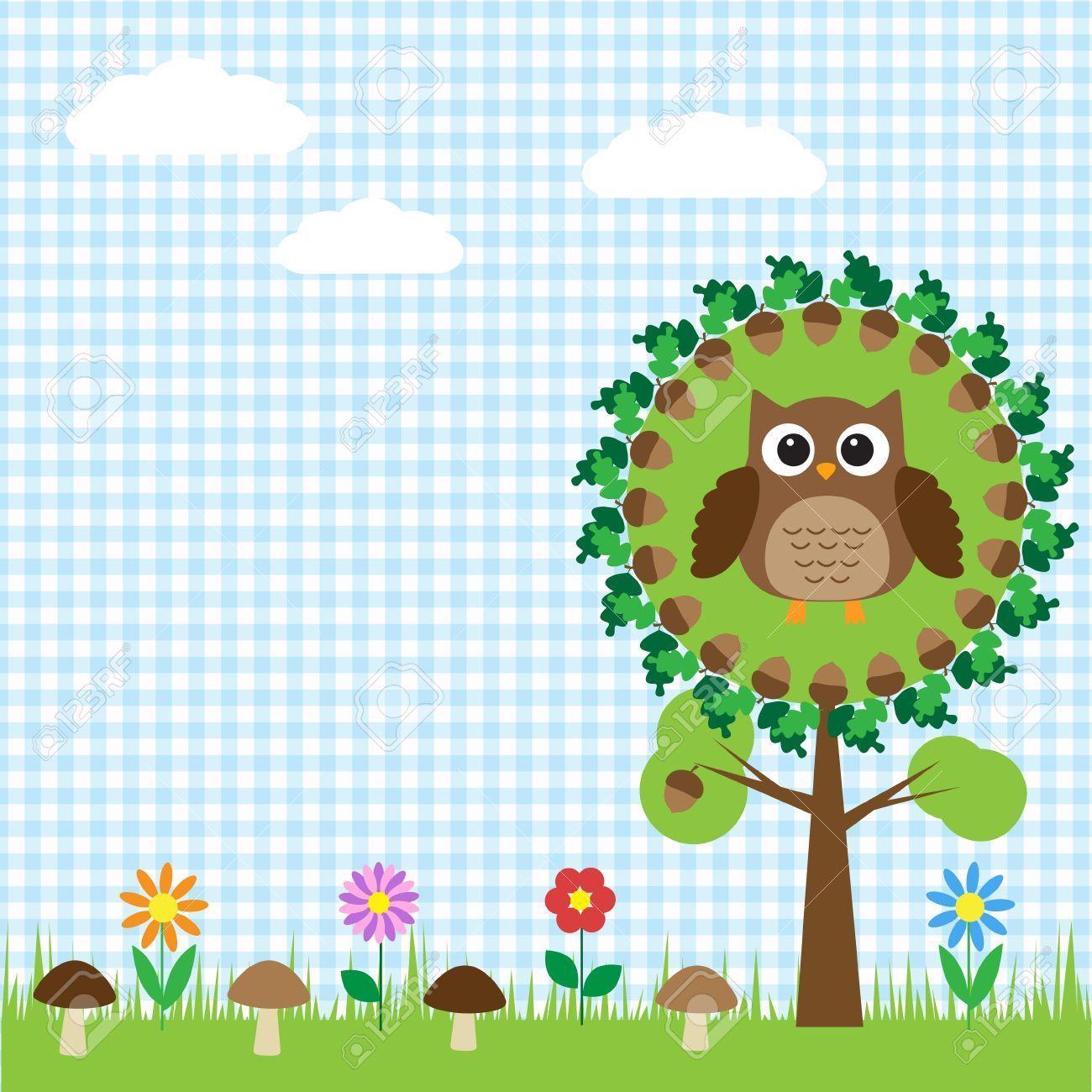 12829291 Cute Owl Sitting On Oak Stock Vector Owl Wallpaper Cartoon