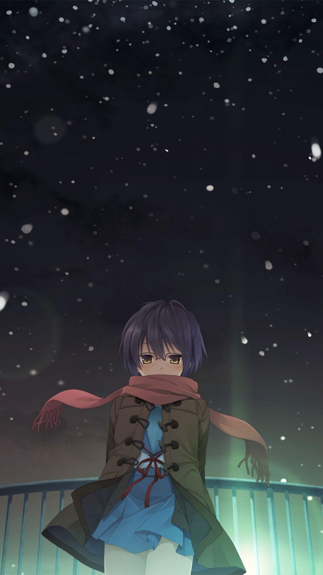 Download HD Yuki Nagato Anime Girl Character Snow Night Wallpaper
