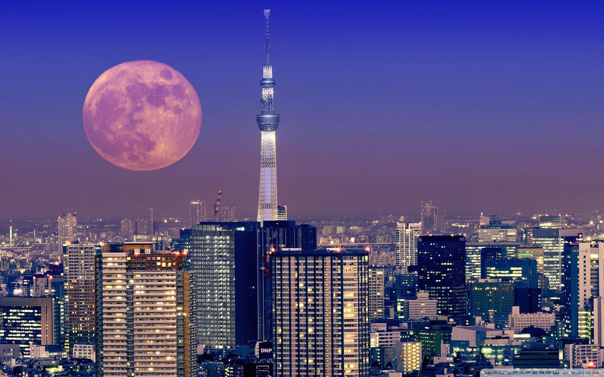 Moon Over Tokyo, Japan ❤ 4K HD Desktop Wallpaper for 4K Ultra HD TV
