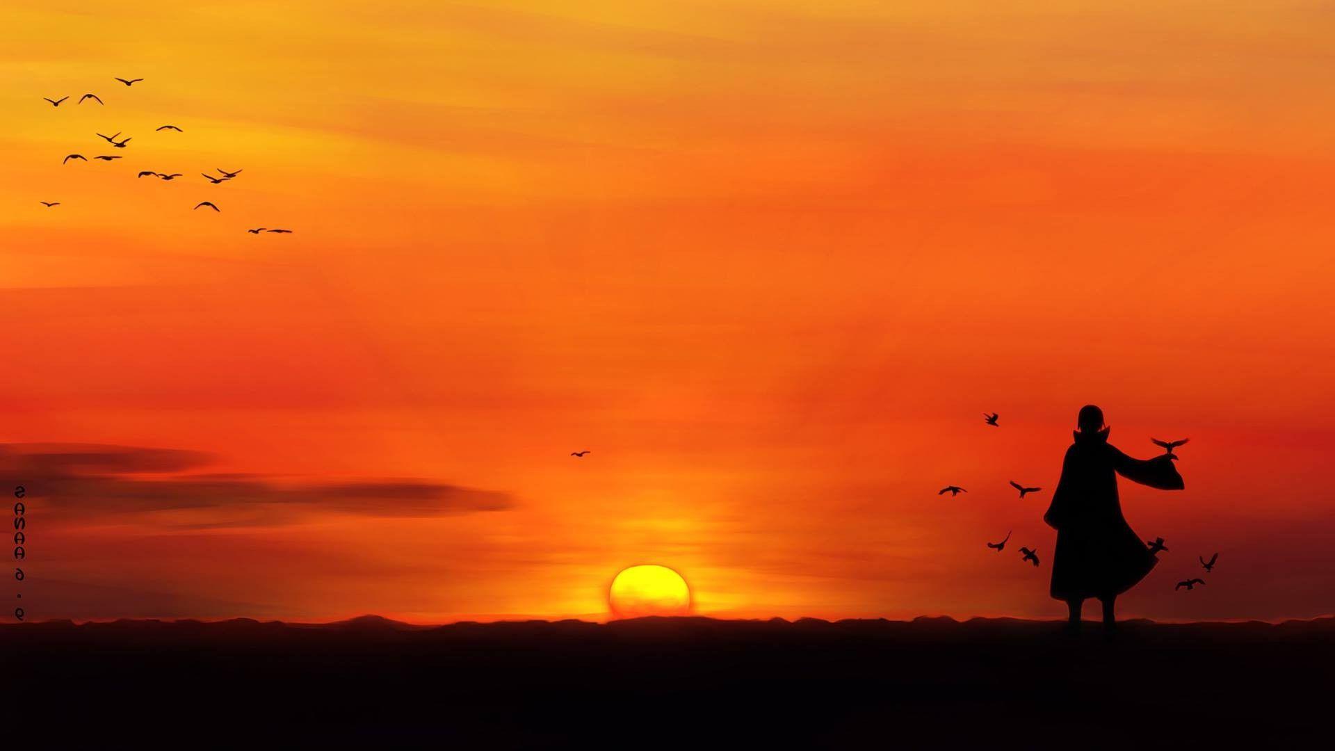 anime, Uchiha Itachi, Sunset, Silhouette, Birds Wallpaper HD