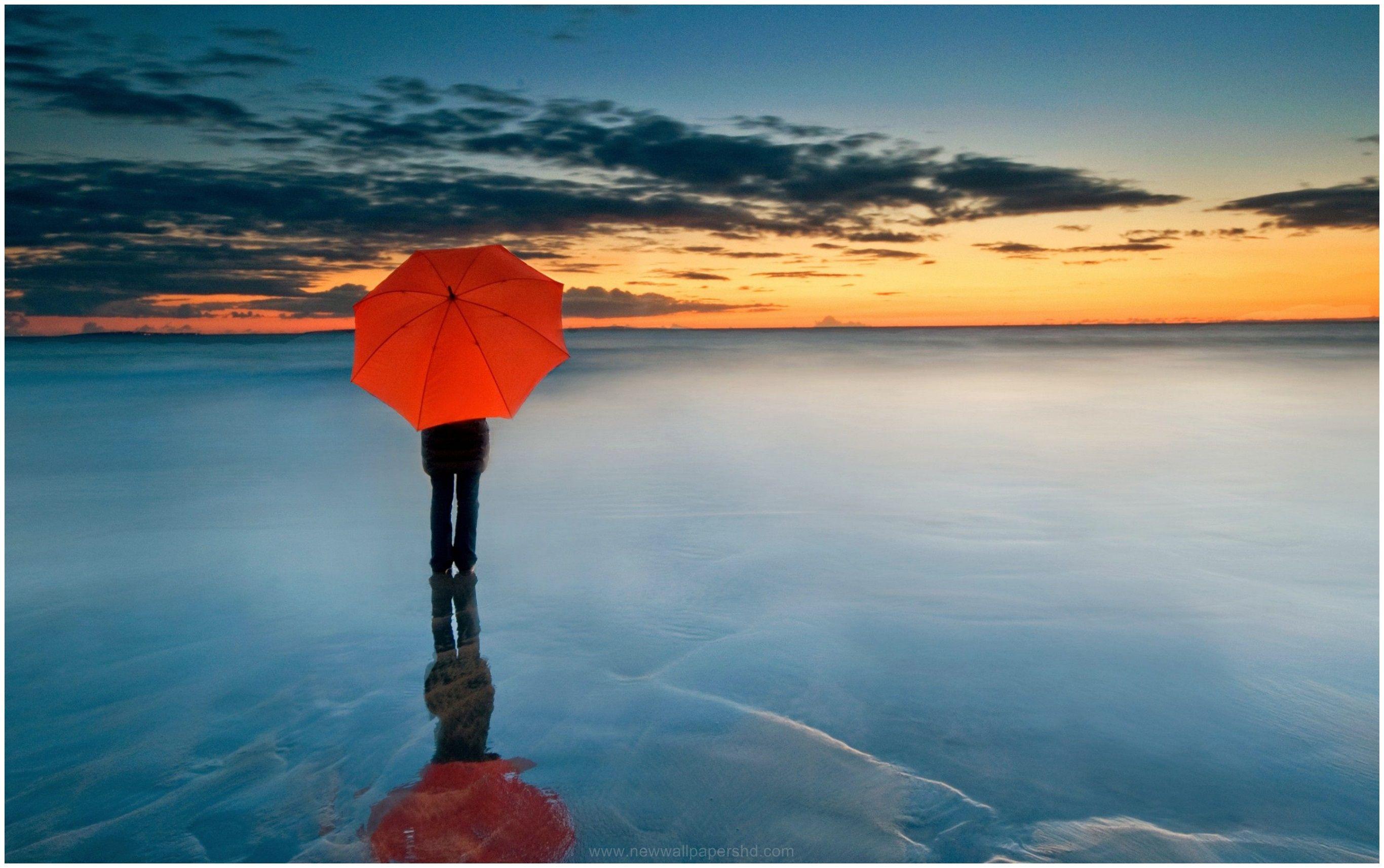 UMBRELLA MAN WALK ON FROZEN LAKE SUNSET HD WALLPAPER HD Wallpaper