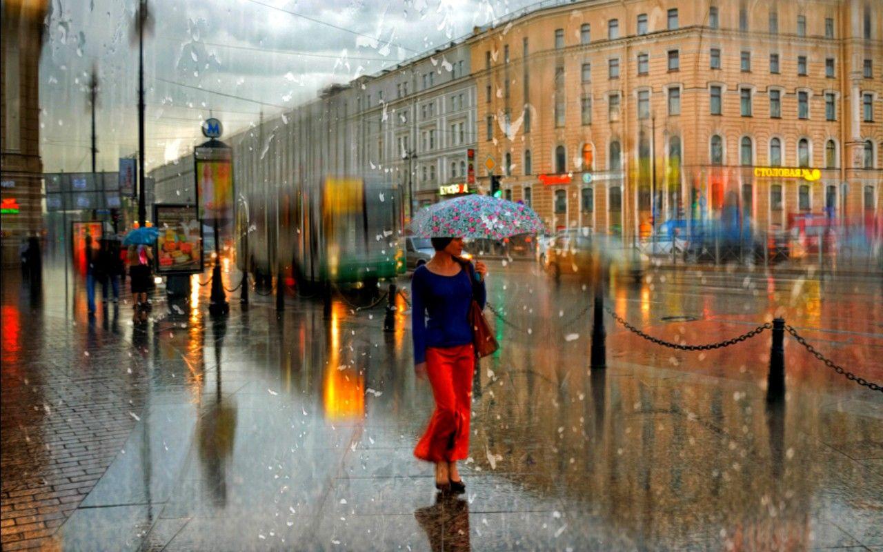 Street Road Rainy Umbrella Nature Rain City Full HD 1080p Background