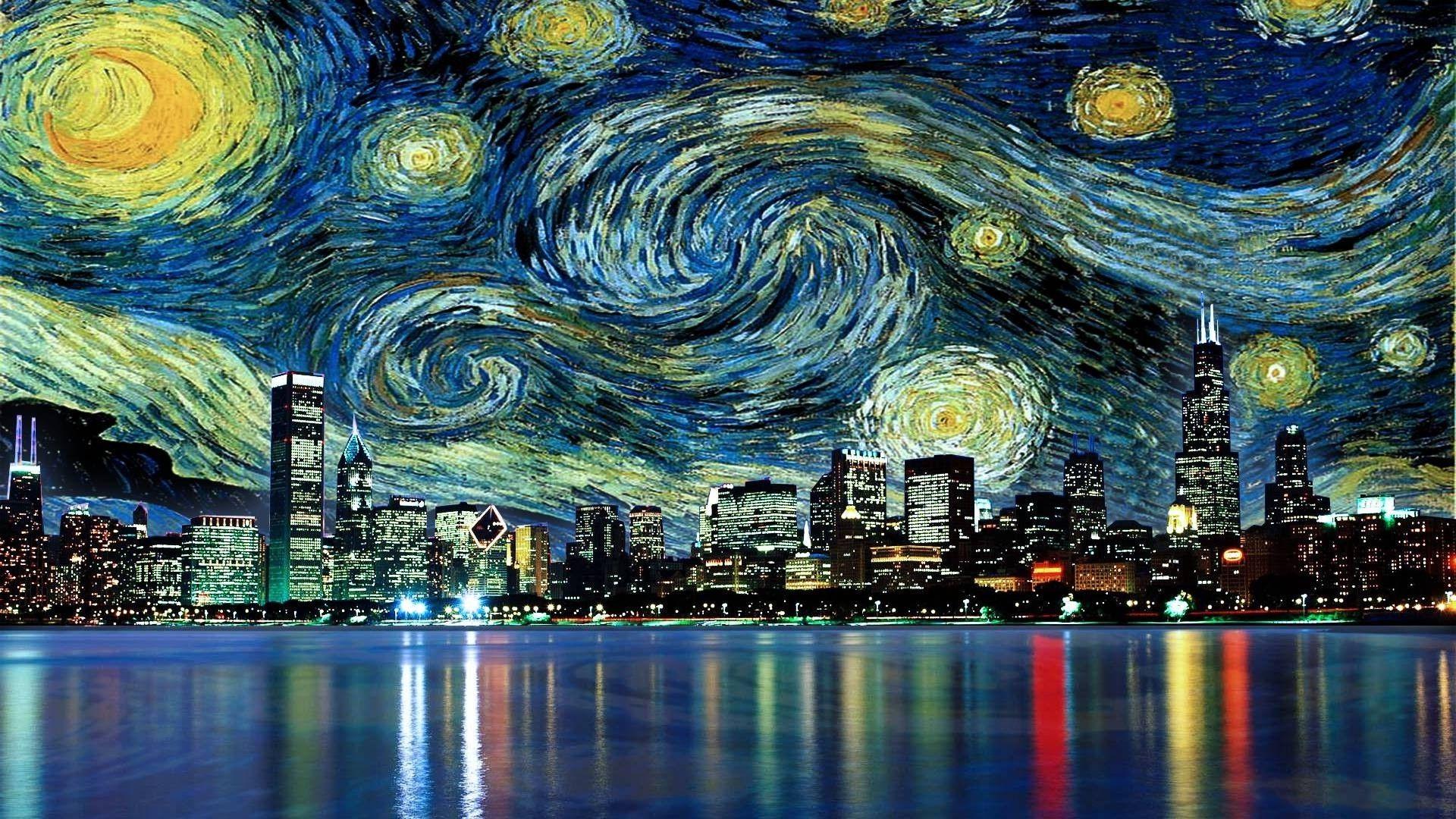 cityscape skyscraper reflection painting vincent van gogh movies