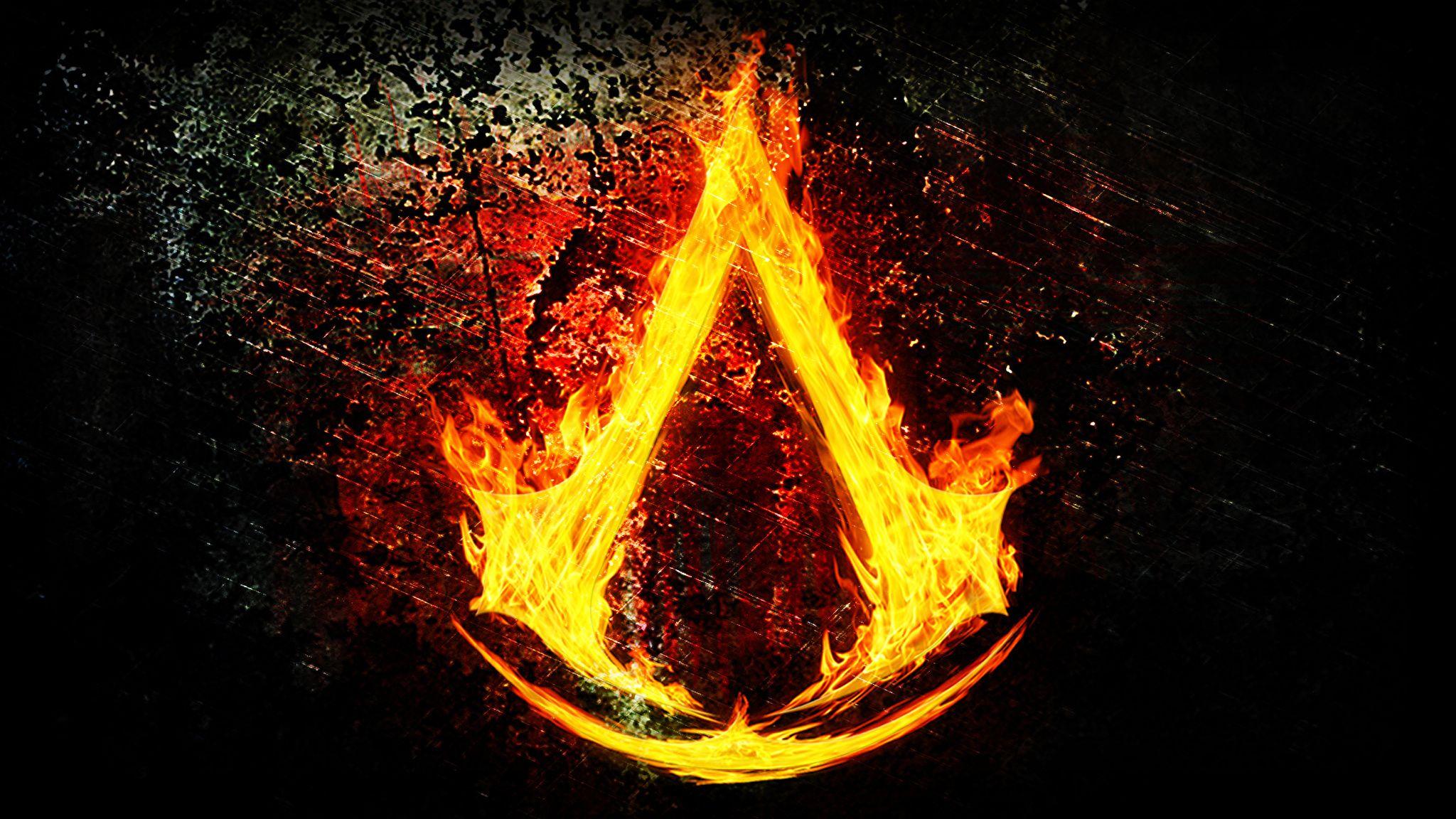 Wallpaper Assassin's Creed Logo Emblem Fire Games 2048x1152