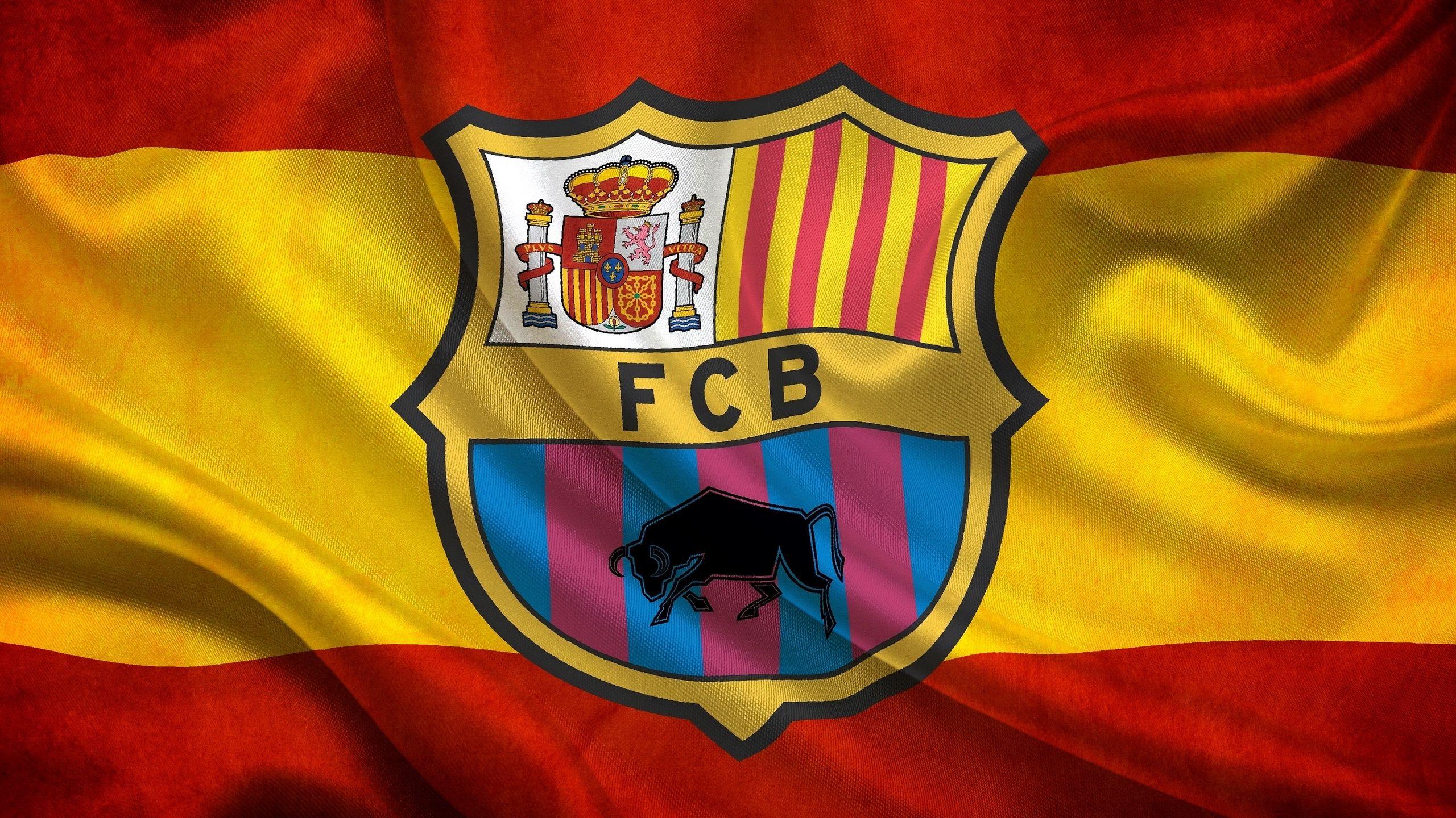Download wallpaper 2560x1440 soccer, flag, fc barcelona, barca