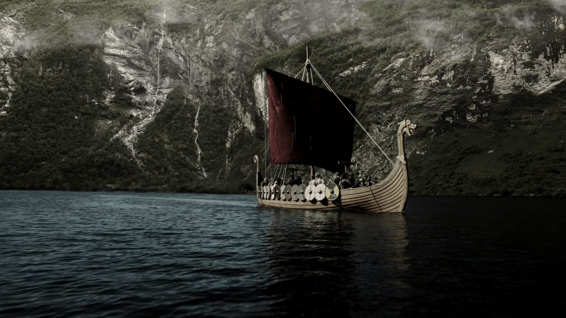 Red sail of a Viking ship wallpaper and image
