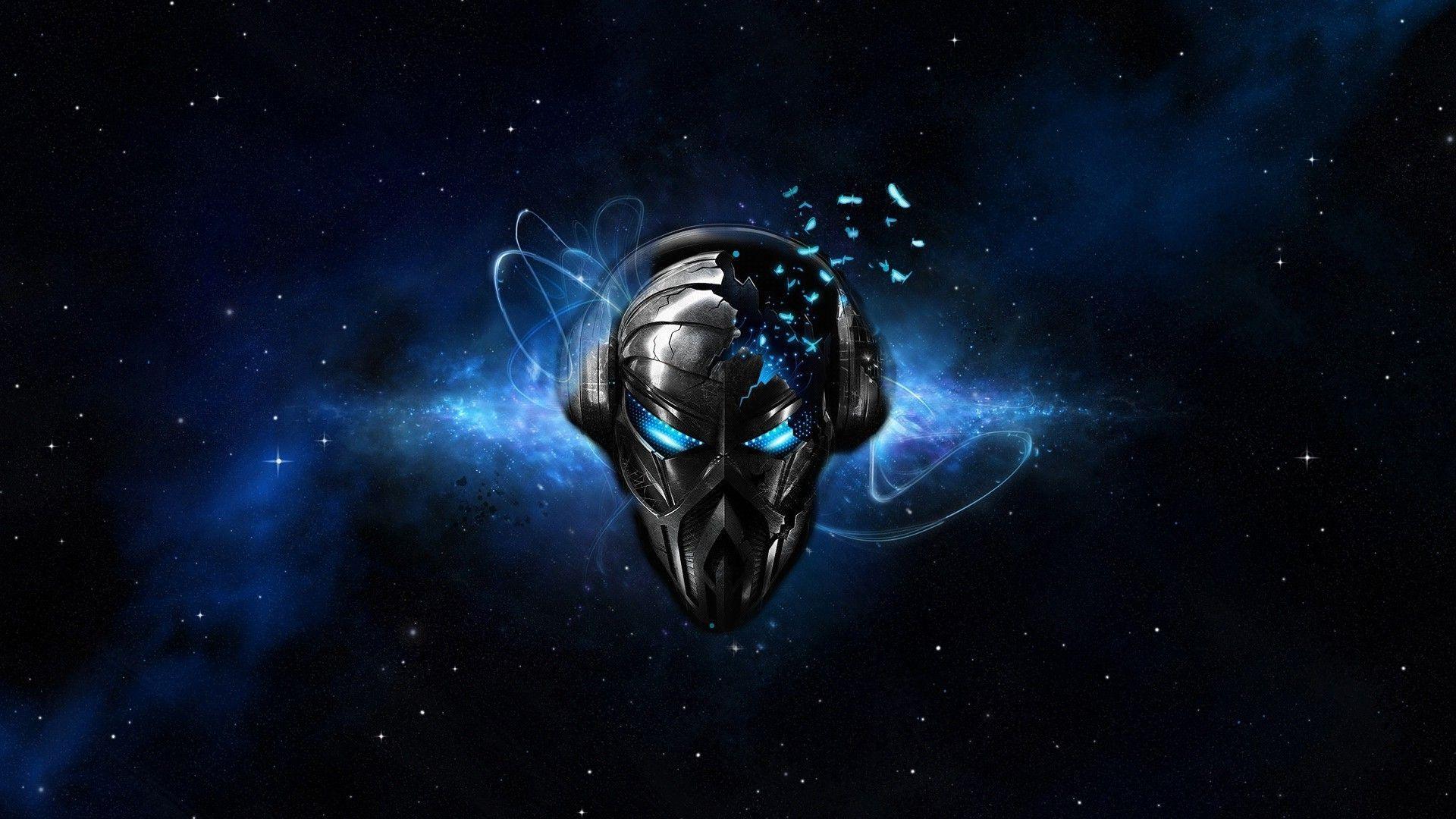 skull, Headphones, Music, Space, Mask, Shattered, Blue Eyes, Stars