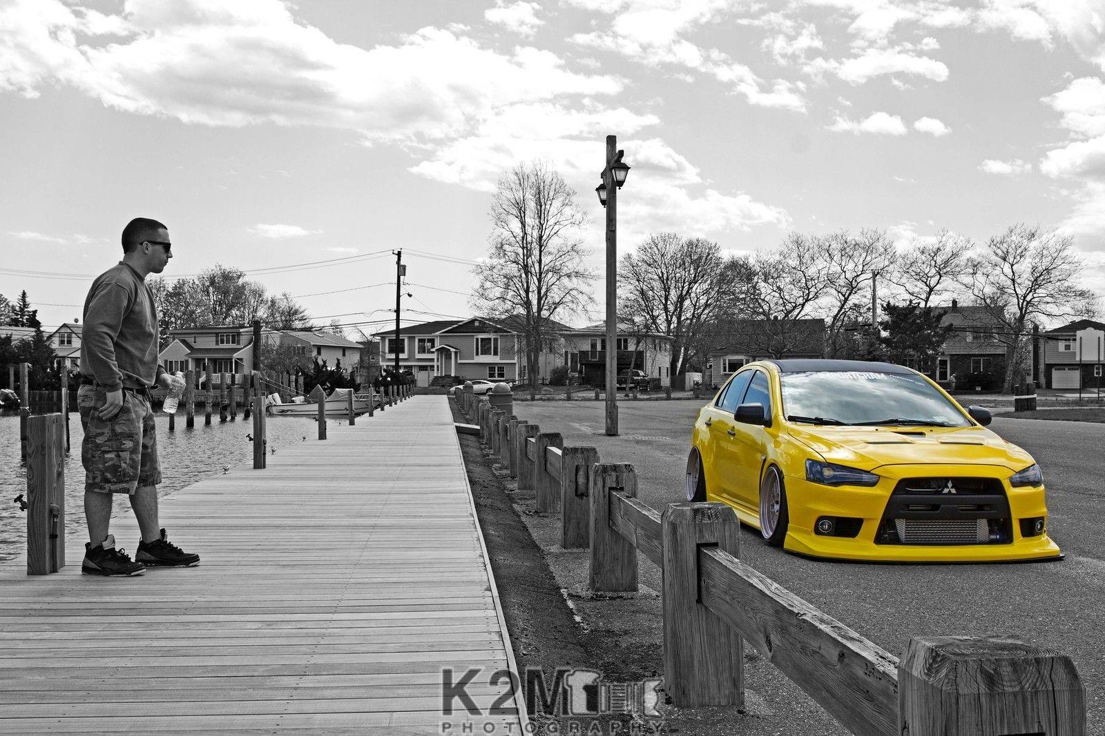 car yellow cars selective coloring mitsubishi lancer evo x stance