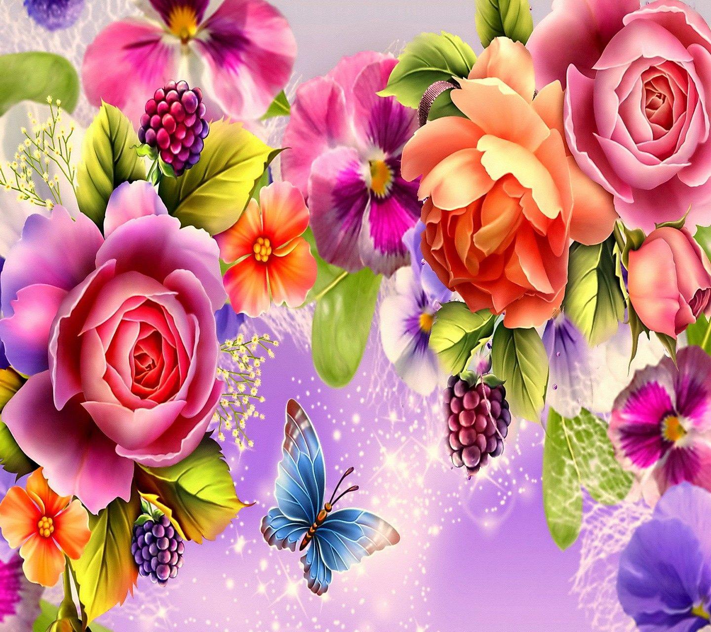 Flowers: Admiring Flower Colorful Butterfly Roses Rose Wallpaper