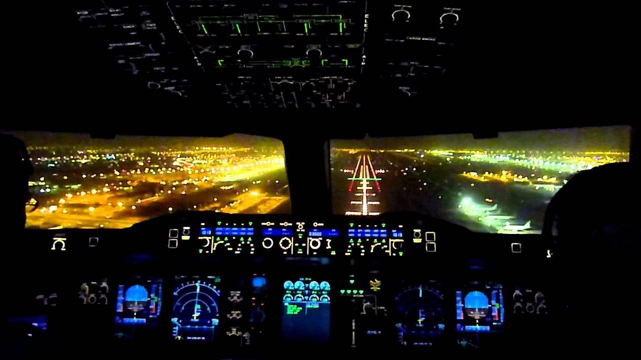 Cockpit View Emirates Airbus A380 Night Landing Dubai