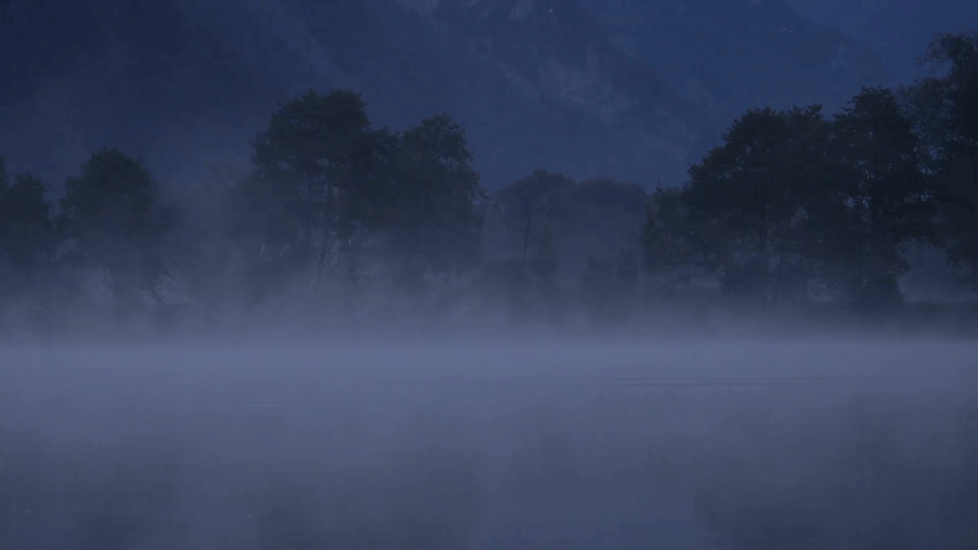 Dark scary lake at night background loop raw 1. White haze floating