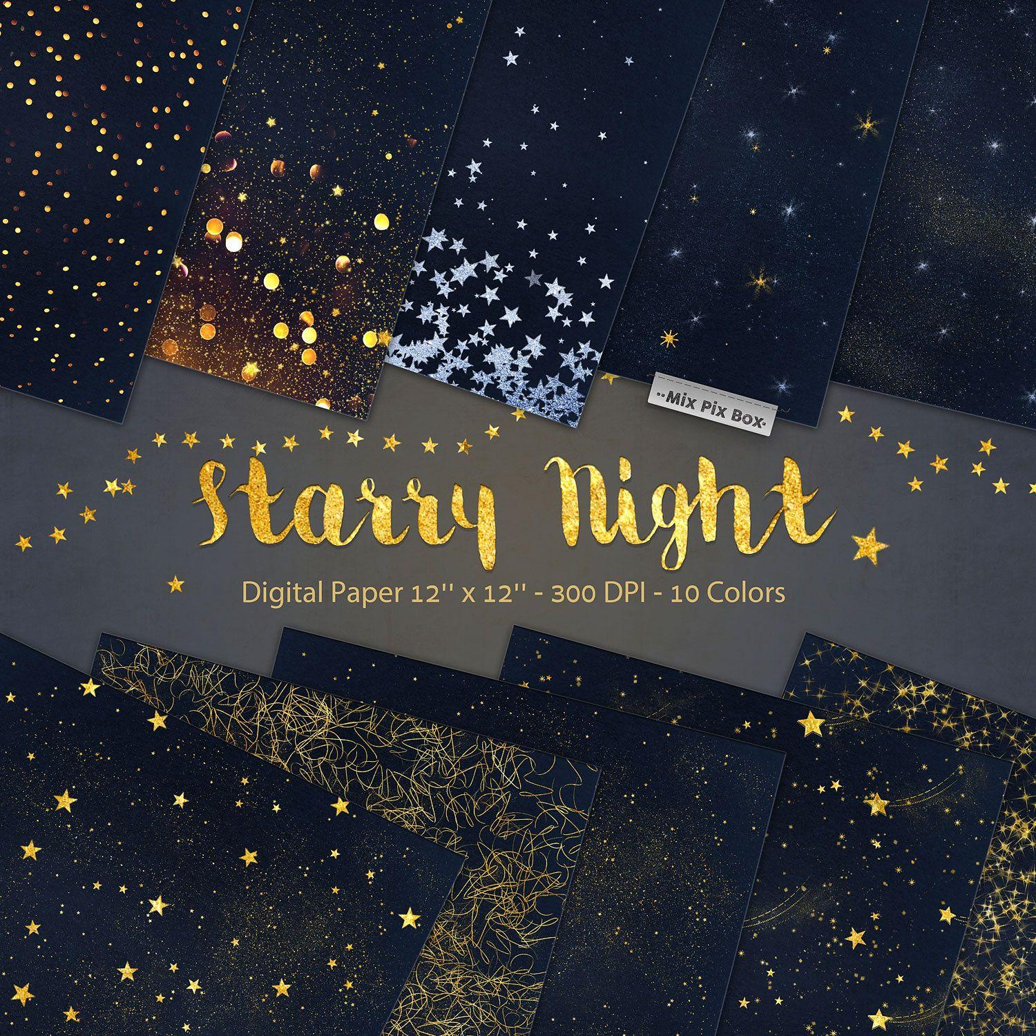 Starry Night Digital Paper Background Star Night Sky Digital