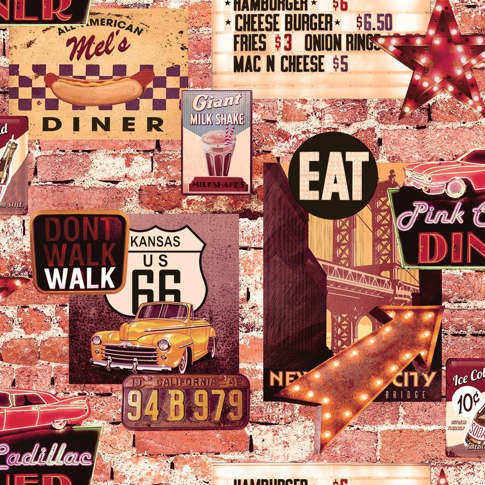 Arthouse American Diner Retro 60s Brick Pattern Restaurant Wallpapers