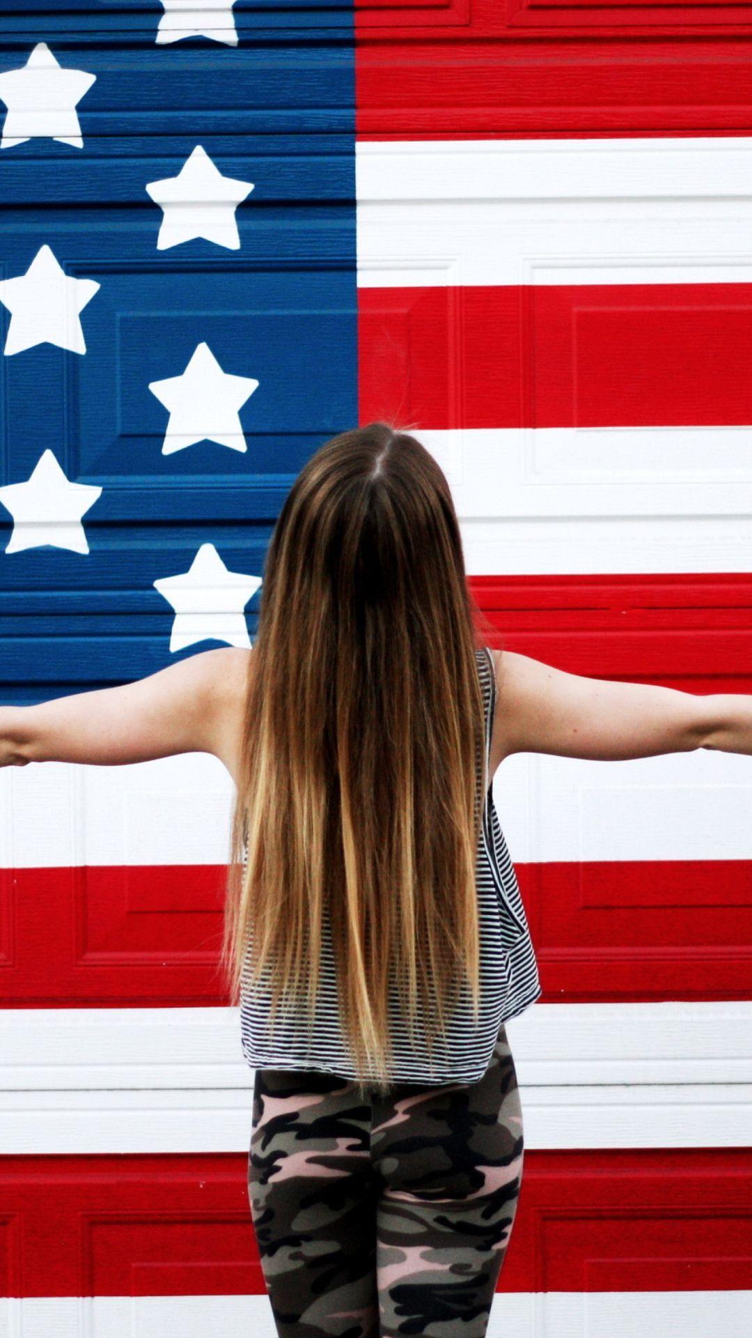 American Girl In Front Of USA Flag. USA. American