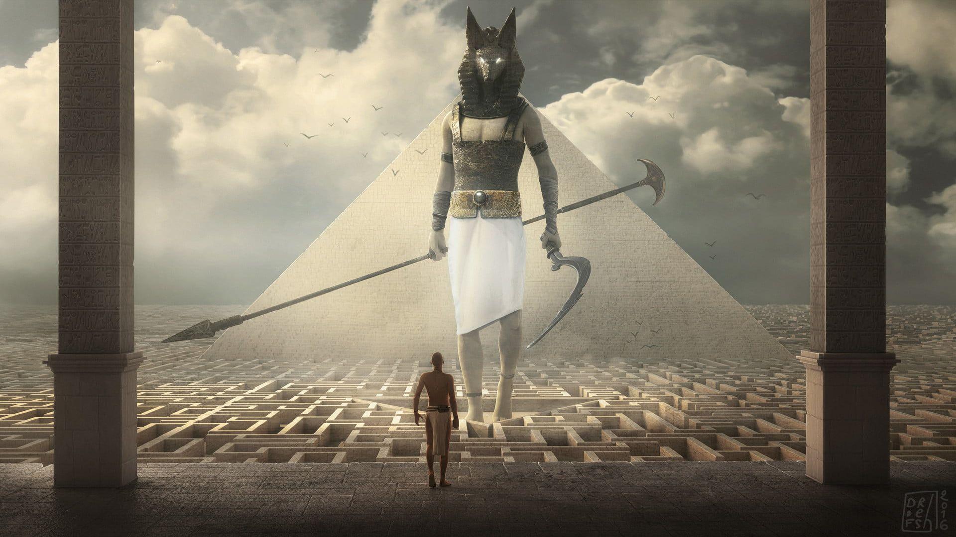 Man standing in front of Egyptian God with pyramid illustration HD