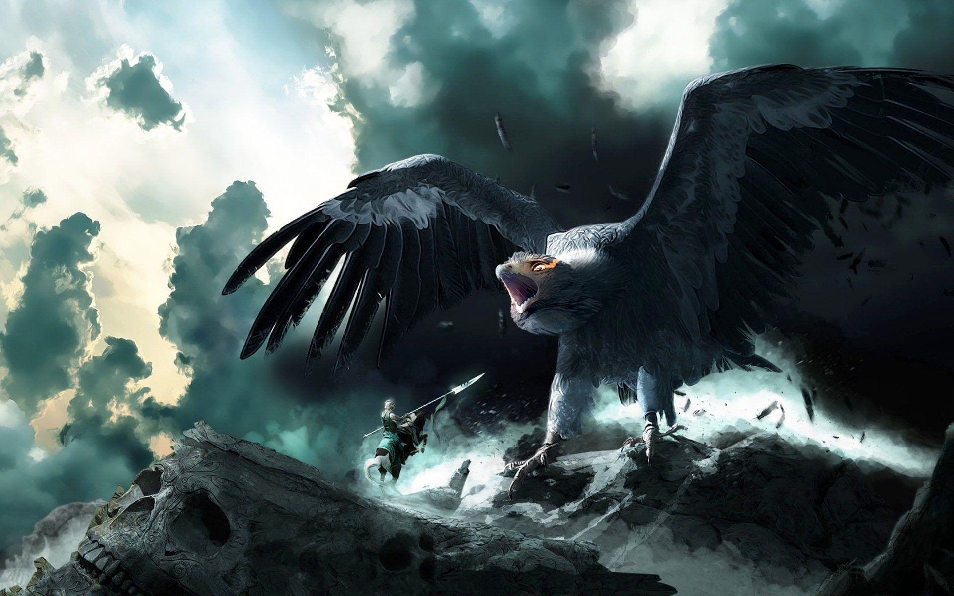 Fantasy: Giant Hawk Attacking Bird Warrior HD Wallpaper 1920x1200