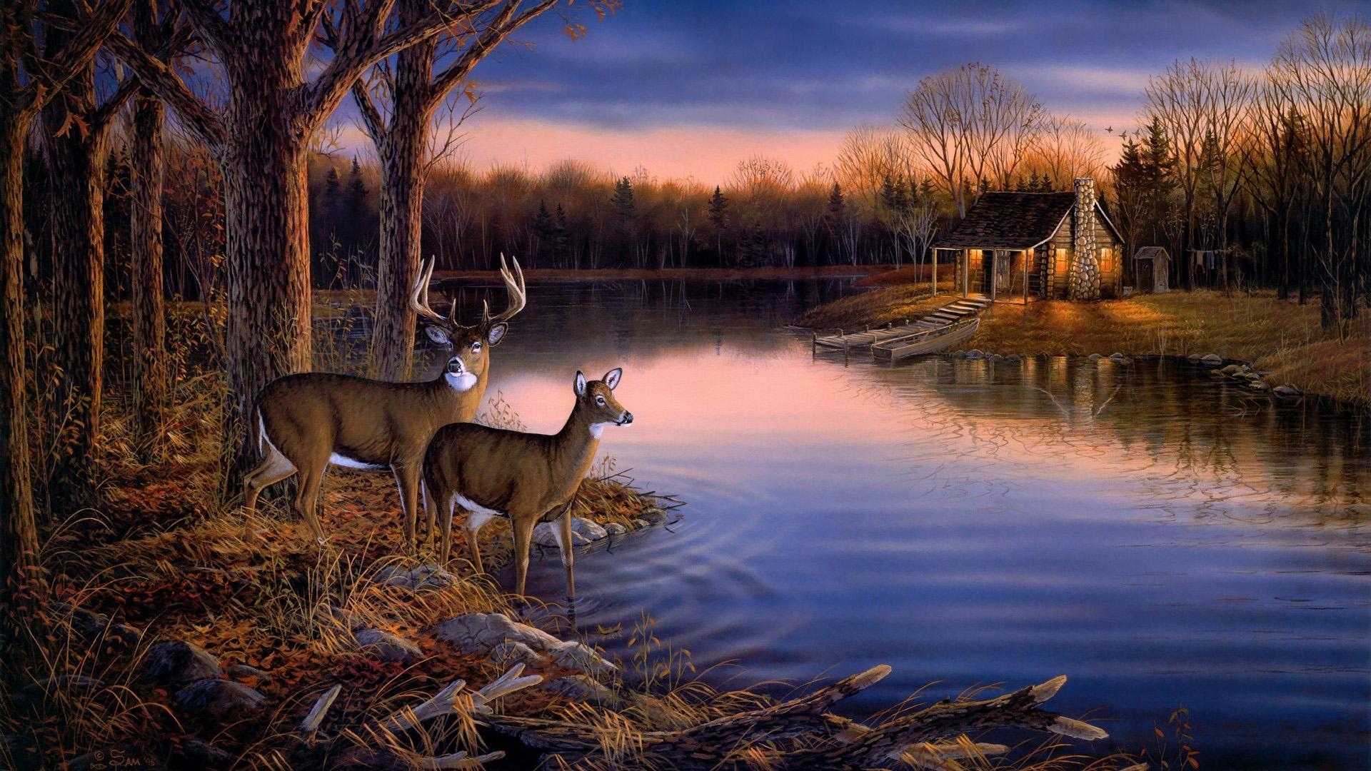 Painting Deer Landscape Wallpaper
