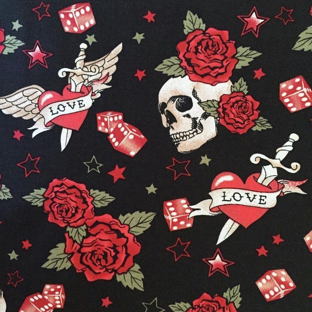 stkull rose dice love heart tattoo star STETCH cotton fabric