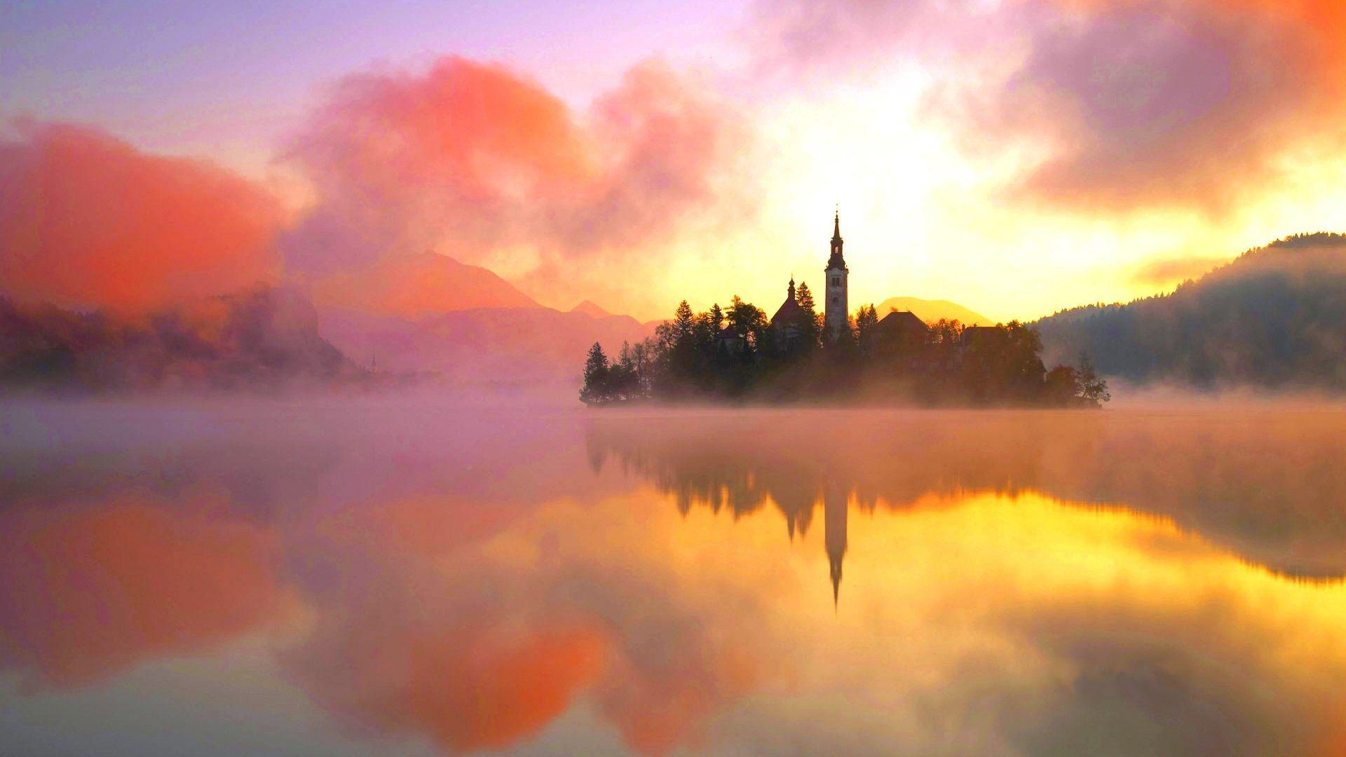 Lakes: Lake Morning Bled Light Dawn Reflection Bing Picture