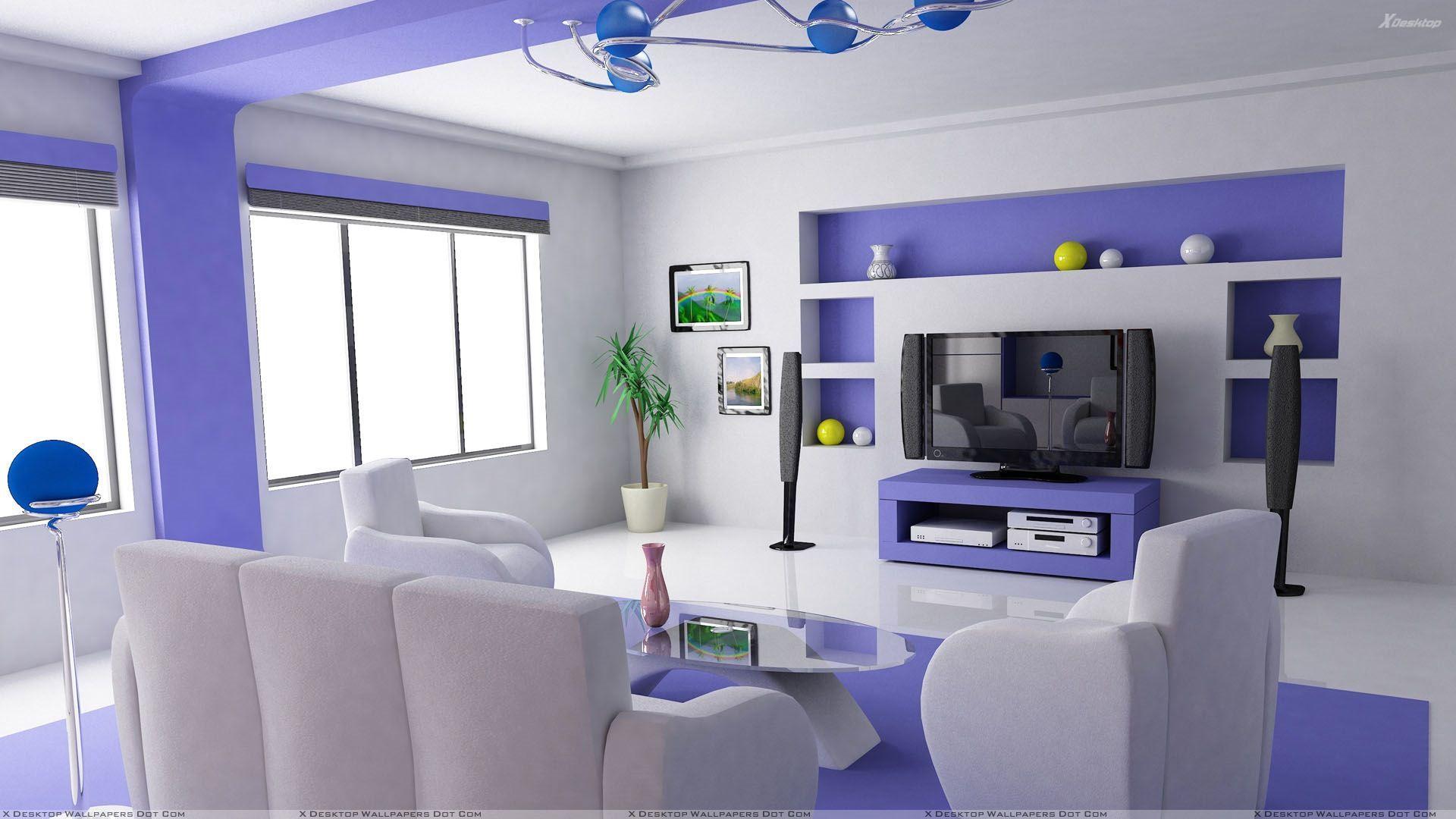 White And Blue Interior in Home Theater Room Wallpaper