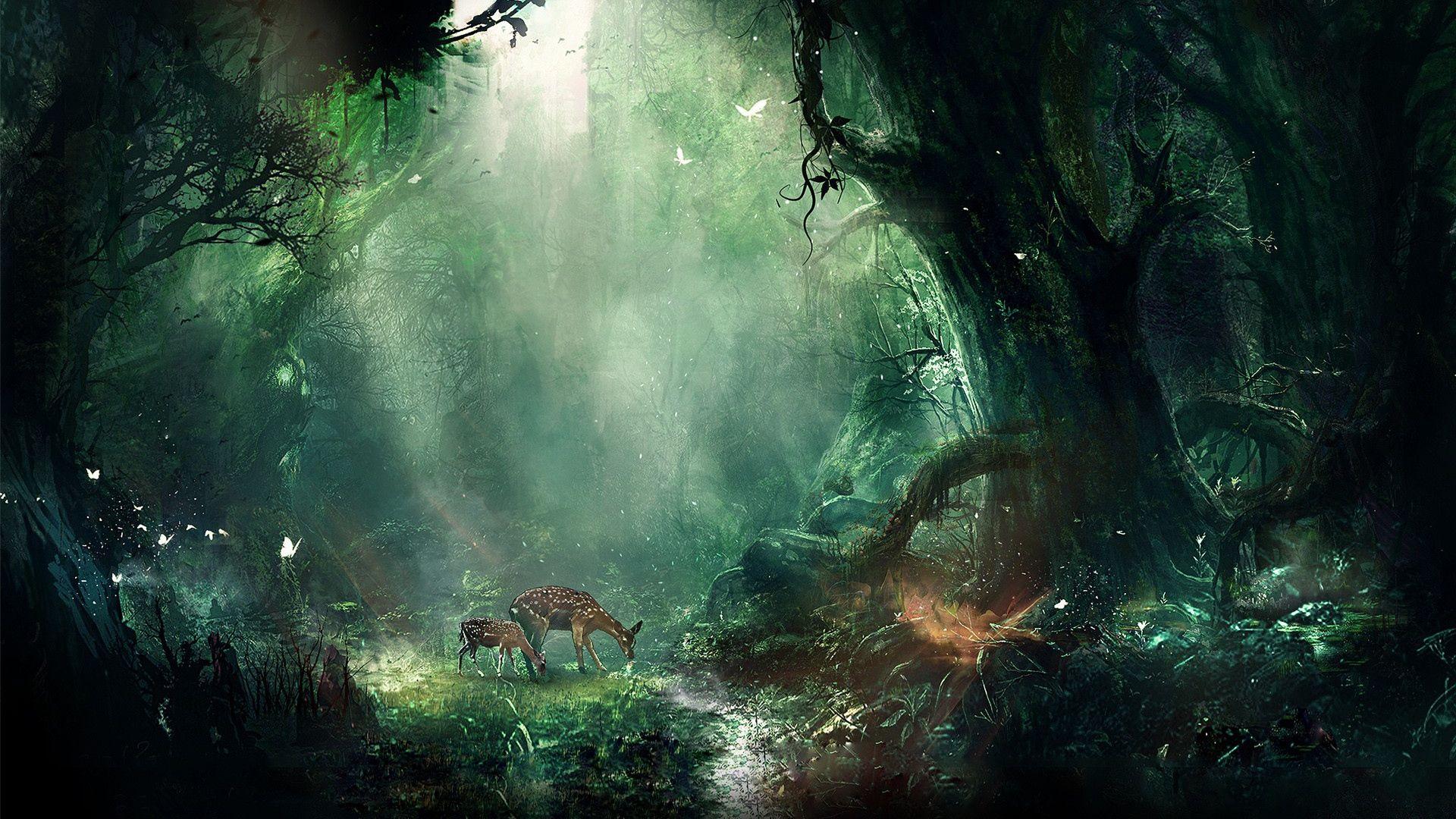 Full HD Wallpaper deer glade deep forest art, Desktop Background HD