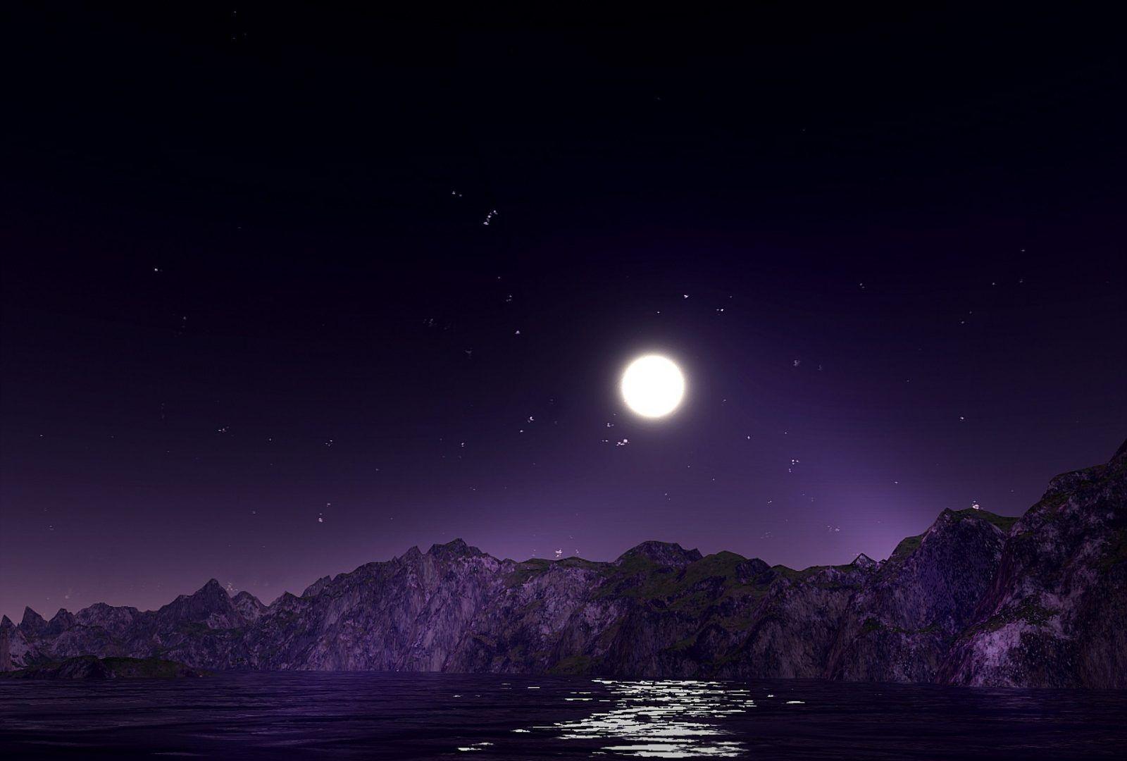 Sky: Sky Moon Water Reflection Stars Serenity Night Purple Mountains
