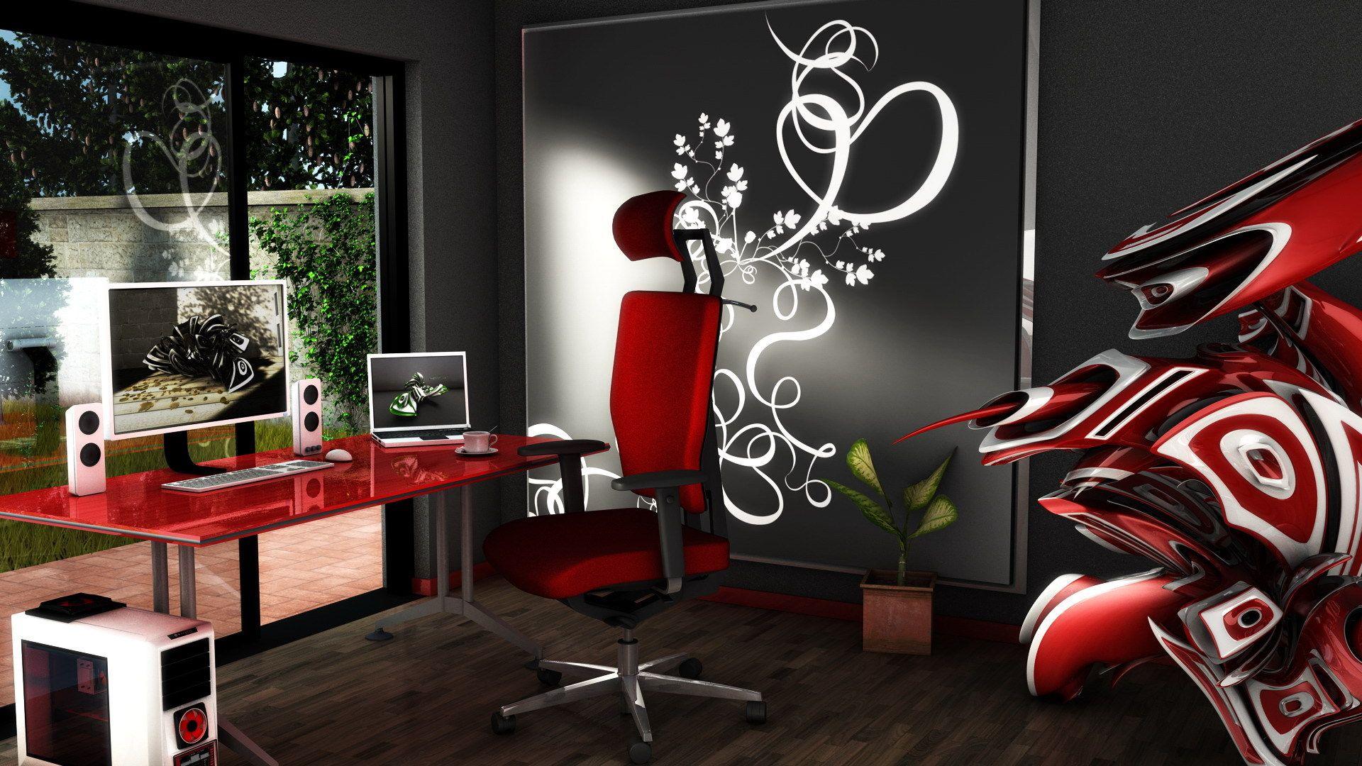 Modern Office Room, Futuristic Style, Red Chair, Black Walls