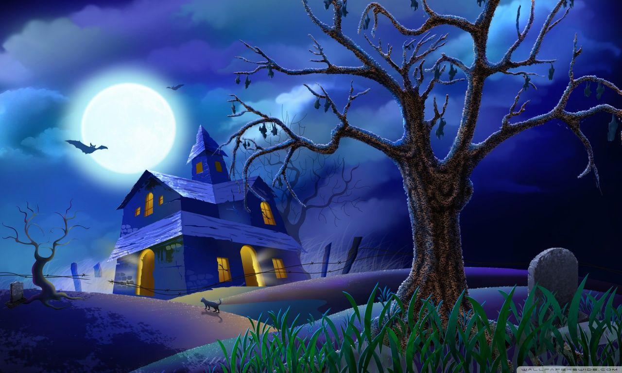 Spooky House Bats Cat Night Full Moon Hallowmas Halloween ❤ 4K HD