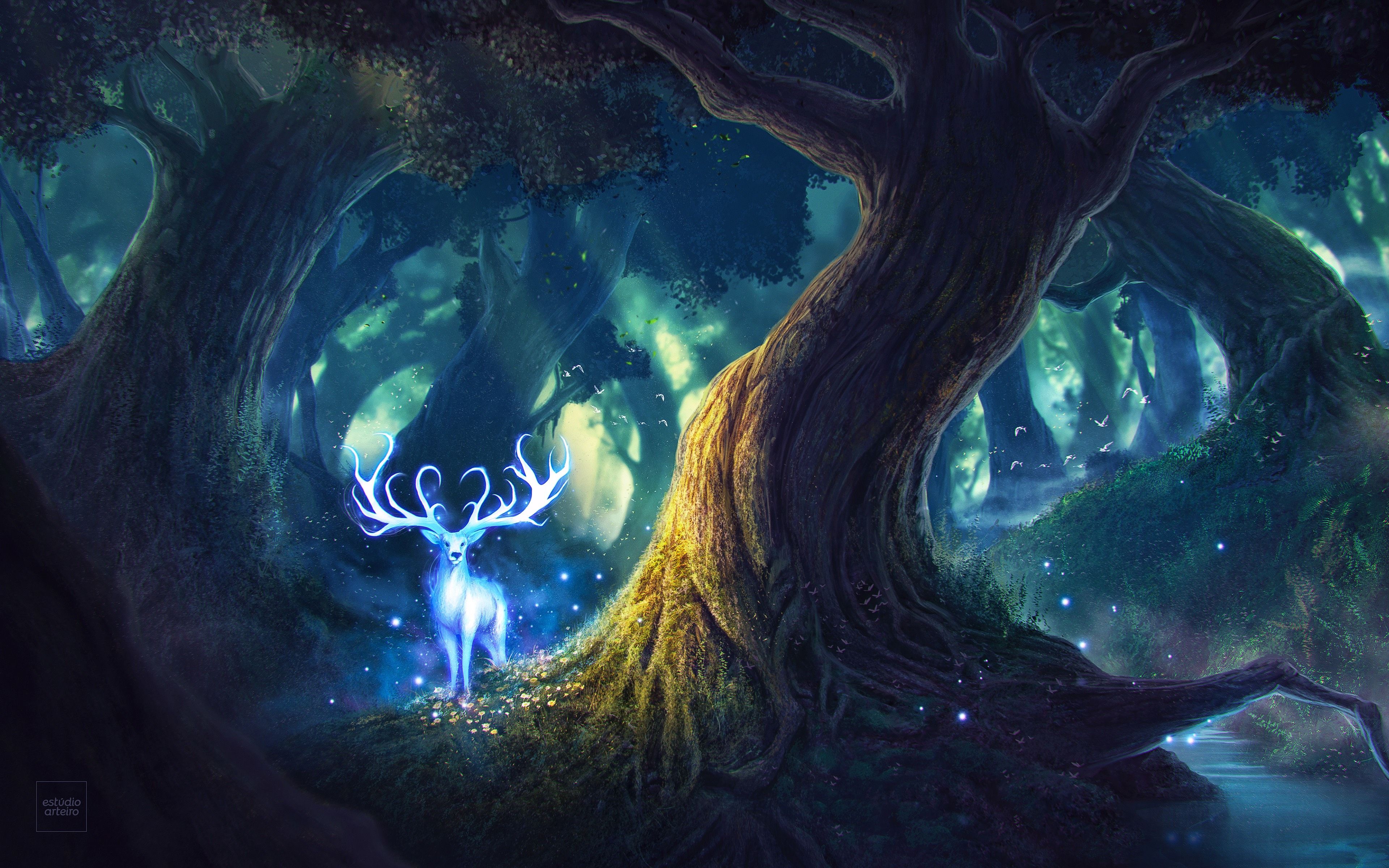 Wallpaper Magic, Forest, Fairies, Deer, HD, 4K, Creative Graphics