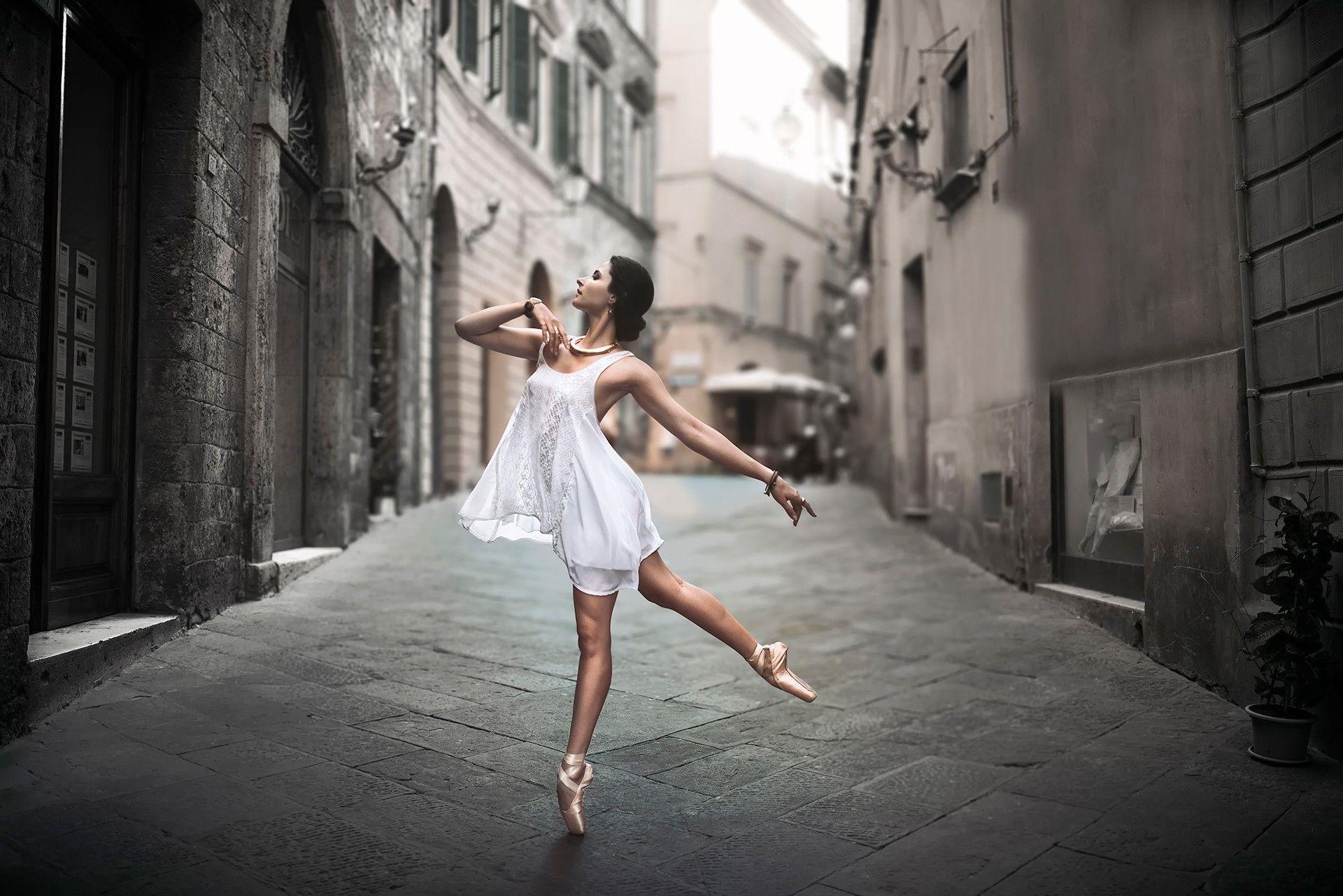 ballerina, Women, Dancers, Street, White Dress Wallpaper HD