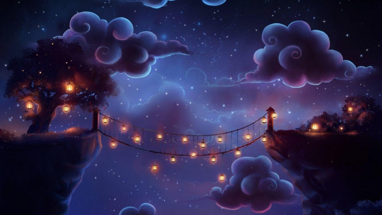 Bridge flashlights clouds night fantasy magic wallpaperx1080