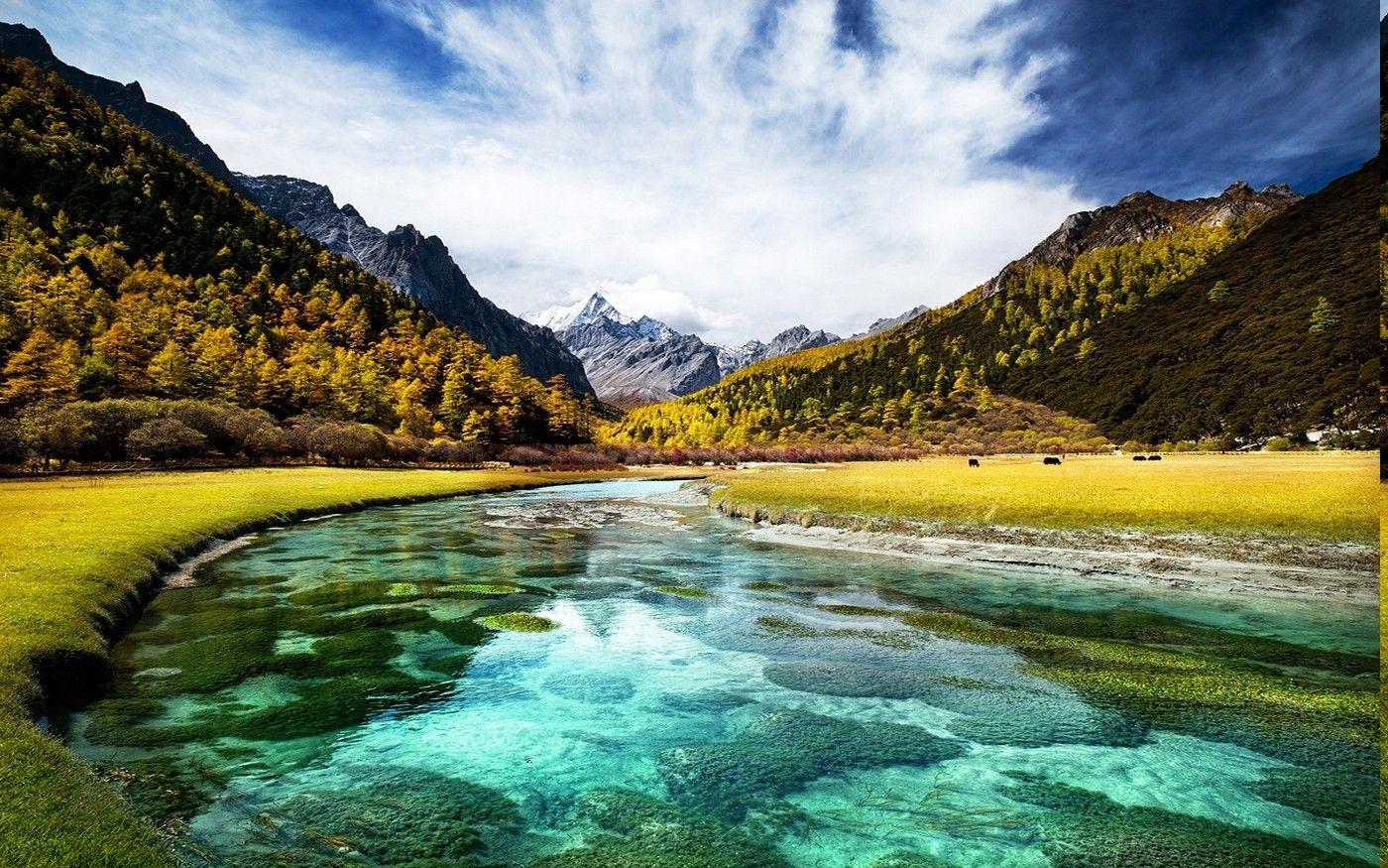 landscape, Nature, Fall, River, Turquoise, Water, Mountain, Tibet