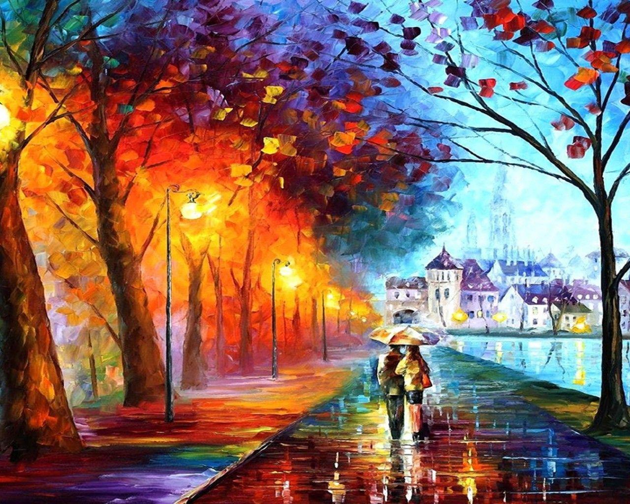 Art Leonid Afremov City Couple Couple Umbrella Umbrella Lights