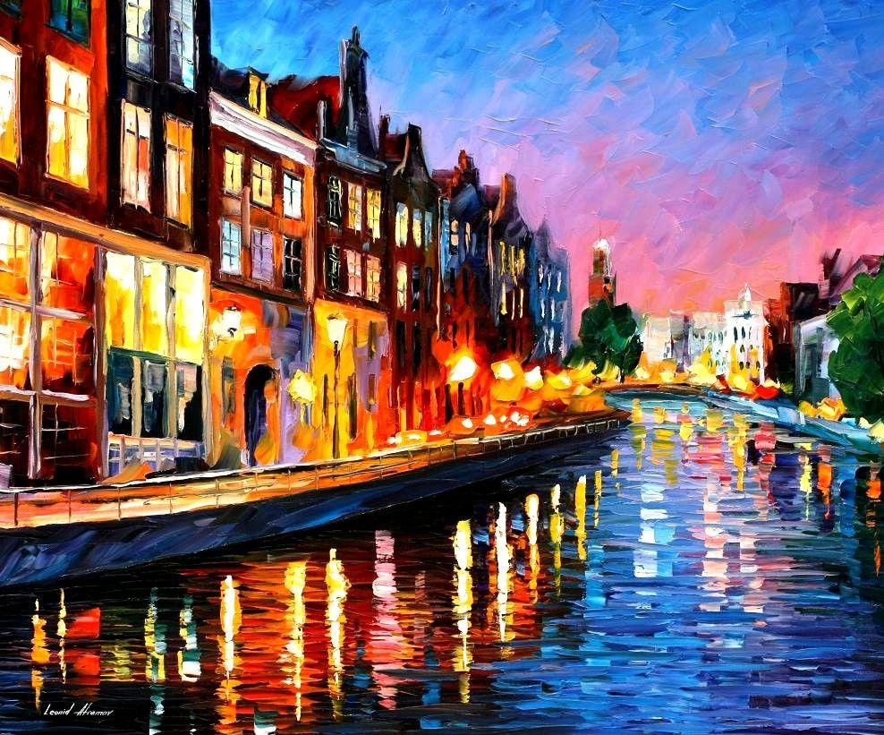 Houses: Venice Canal Leonid Afremov Sunset Sky Water Street Dark