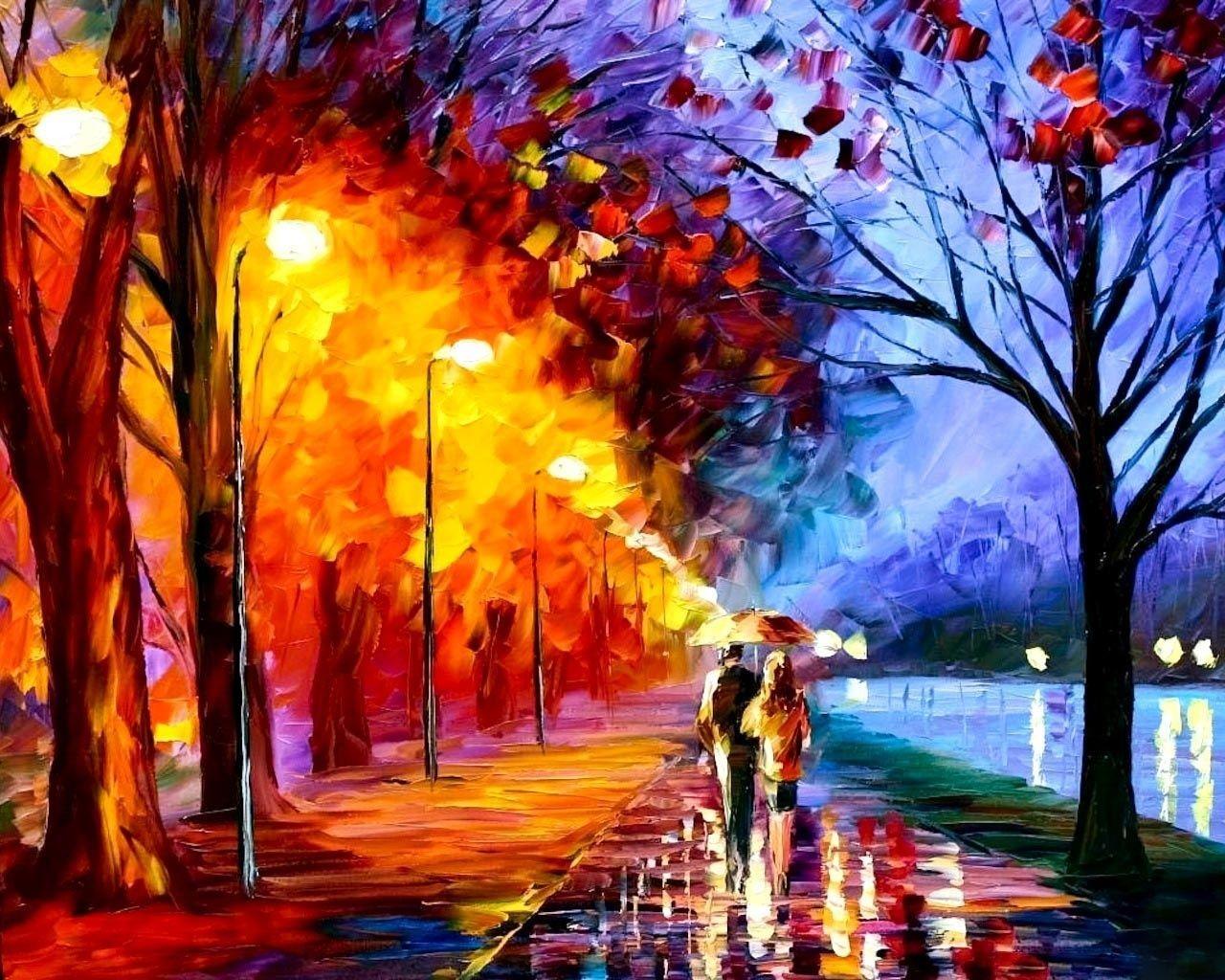 Download wallpaper Oil Painting, autumn, bright, mood free desktop