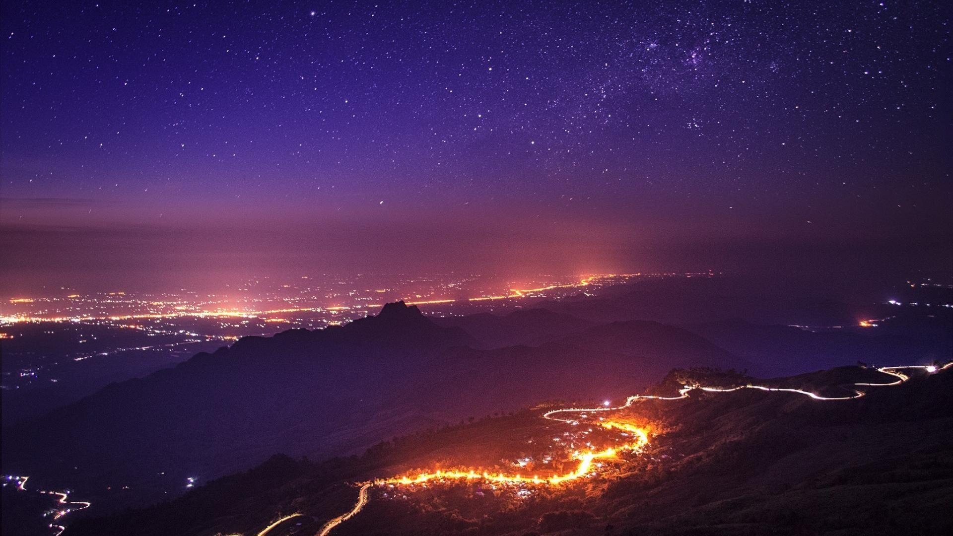 Sunset mountains dawn stars roads cities night sky wallpaper