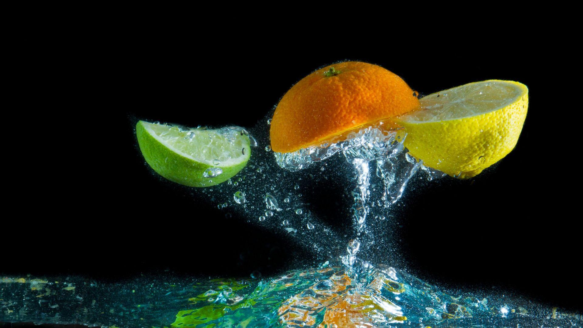 Download Wallpaper 1920x1080 slices, lime, orange, lemon, splash