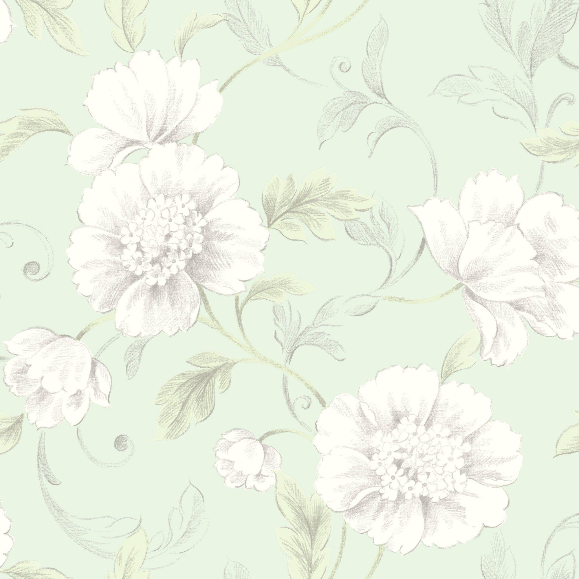 Rasch Wallpaper. Boutique Floral Soft Green